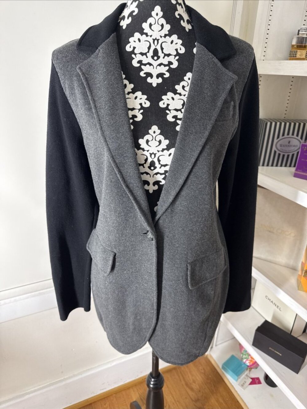 LAUREN, Ralph Lauren Black & Grey Buttoned Sweater Blazer, Women's Size Large